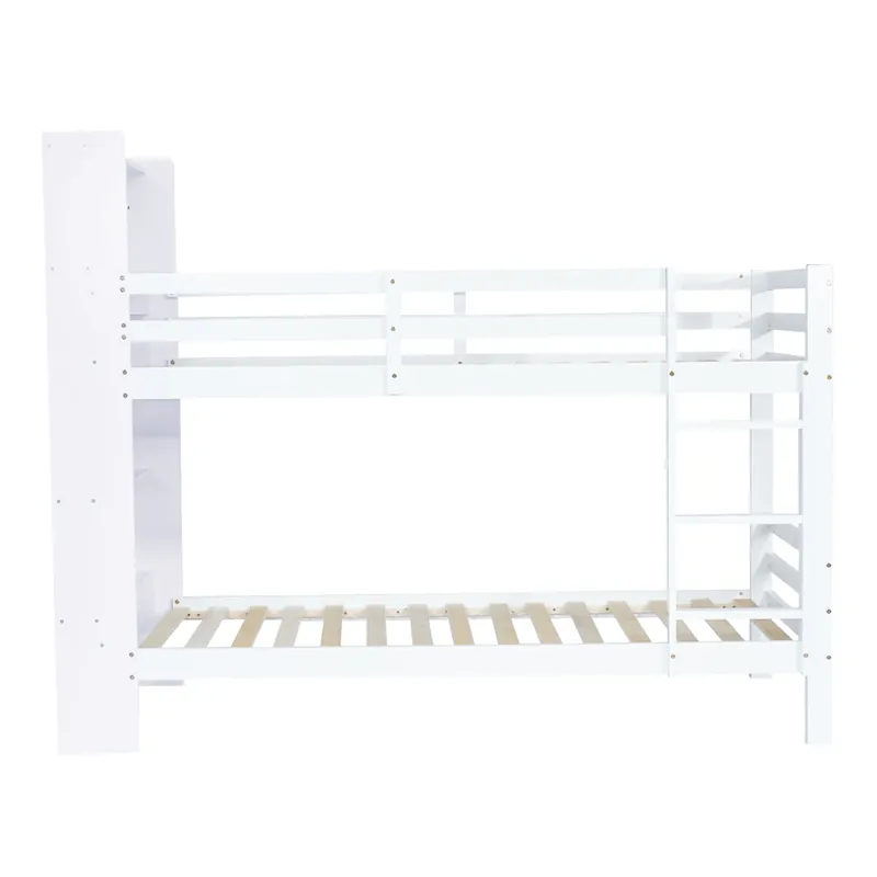 Cama alta 90x200 - Con estantes y escalera de tres niveles, cama de madera con almacenamiento - Blanco