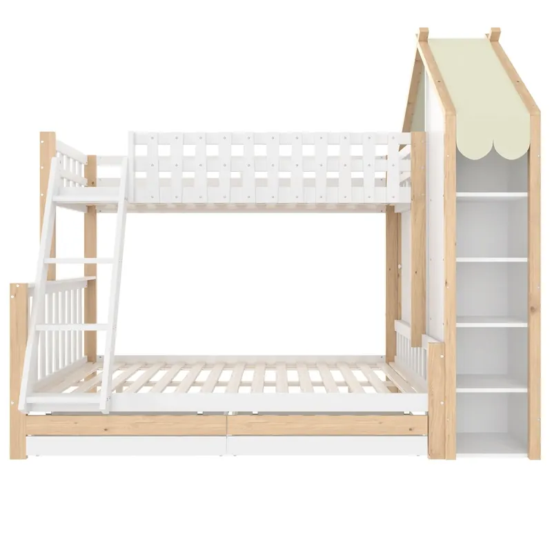 Cama alta 90x200 cm + 140x200 cm - Con barandillas, escalera, 2 cajones, valla irregular - Blanco + Natural