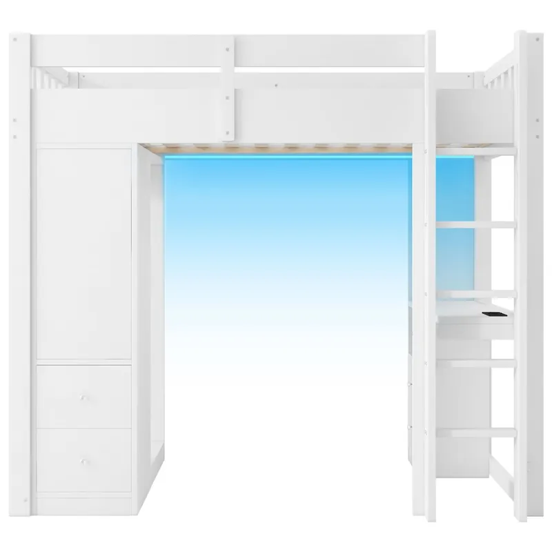 Cama alta 90x200 - 4 cajones, armario, escritorio, LED y USB - Blanco