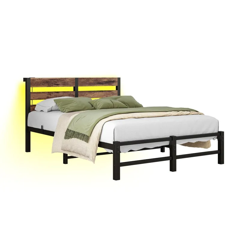 Cama 120x200 - Marco metal con LED y USB, almacenamiento bajo cama - Negro/Marrón