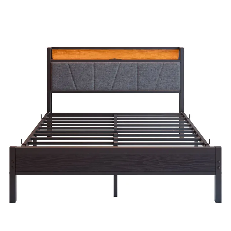 Cama 140x190cm - Marco con luces LED, cabecera con USB, láminas metálicas, fácil montaje - Negro