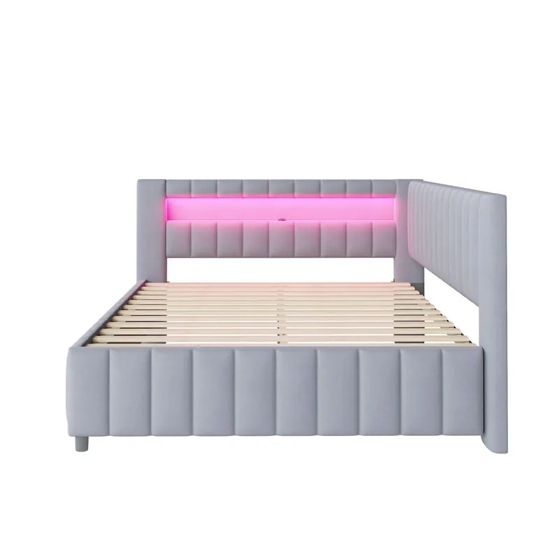 Sofá cama 140x200 - Polsterbett de terciopelo con luz LED y puerto USB, con respaldo, cabecero y marco de cama estable - Beige
