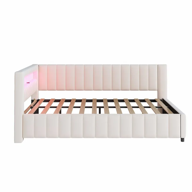 Sofá cama 140x200 - Polsterbett de terciopelo con luz LED y puerto USB, con respaldo, cabecero y marco de cama estable - Beige