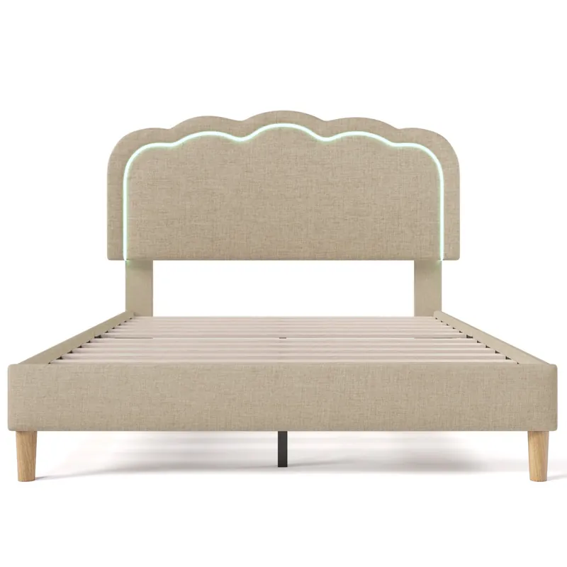 Cama 140x200 tapizada en lino - con LED y somier - Beige