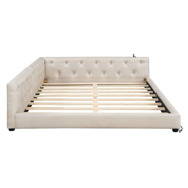 Sofá cama 140x200 cm - con somier, sin colchón, iluminación ambiental con mando, cabecero capitoné, USB+Tipo-C, lino - beige