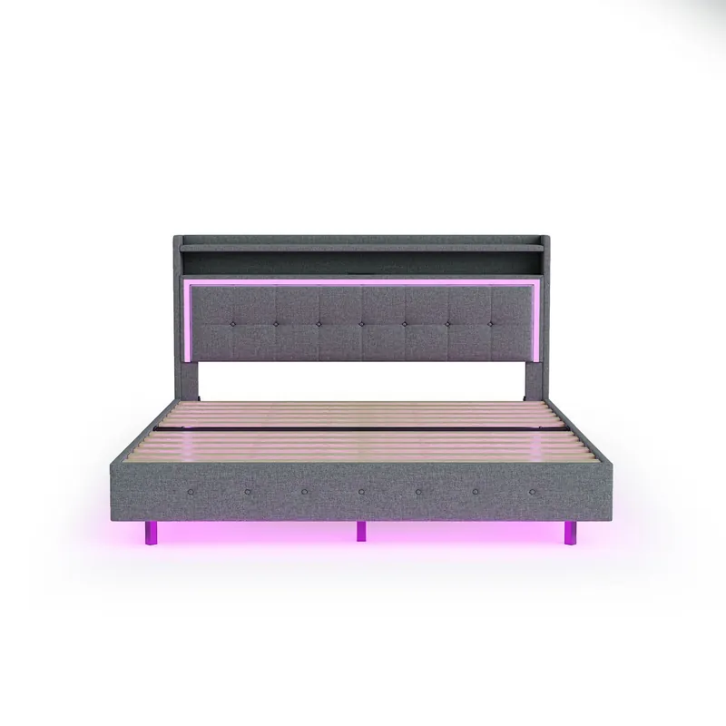 Cama acolchada de lino 160x200 cm - con toma USB y LED - Gris