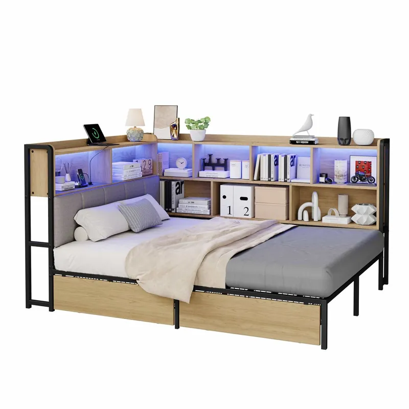 Sofá cama tapizado 140x200 - iluminación LED, estación de carga USB y Type-C, cama de día, cama juvenil, 2 cajones, somier metálico, cabecero con espacio de almacenamiento - color natural