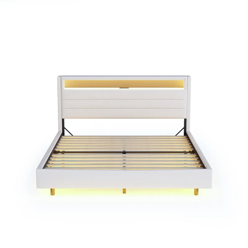 Cama acolchada de tejido de lino 160x200 cm - con toma USB y LED - cabecero reversible - Beige