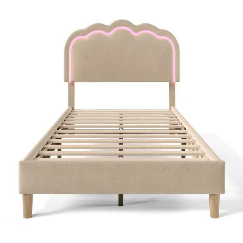 Cama 90x190 cm acolchada de lino - con LED y somier - Beige