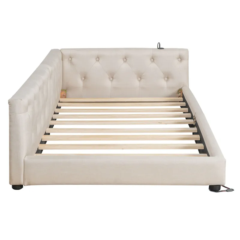 Sofá cama 90x200 cm - con somier, sin colchón, iluminación ambiental con mando, cabecero capitoné, USB+Tipo-C, lino - beige
