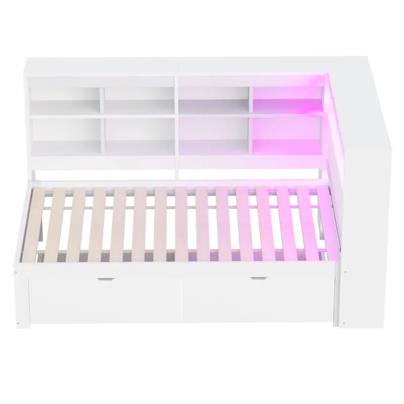 Sofá cama 90x200 cm - Con almacenamiento, cama con USB y enchufe, con estantes y bandejas, mucha capacidad, cama multifuncional de madera - Blanco