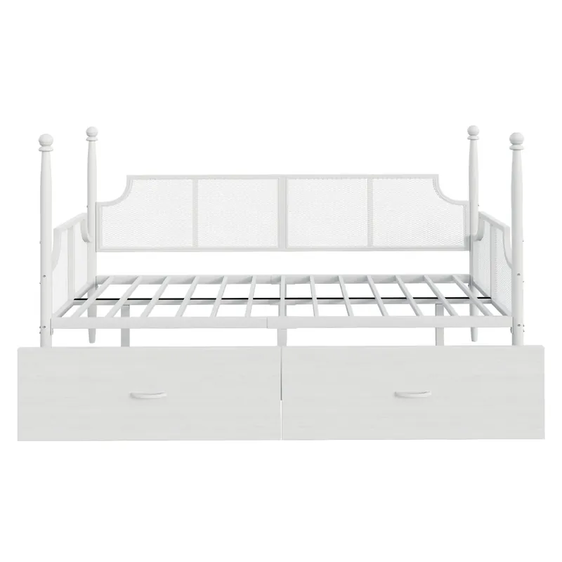 Sofá cama 90x200 - Respaldo de malla, brazos estilo vintage, estructura metálica con compartimentos - Blanco