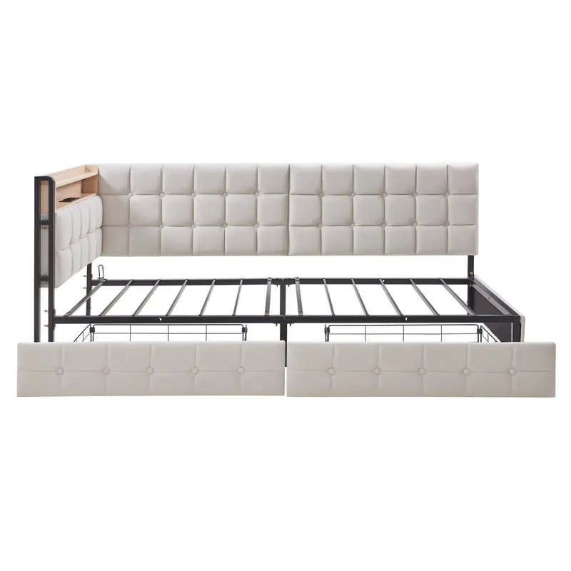 Sofá cama infantil 90x200 - 2 cajones, lámpara LED de noche, puertos USB y Tipo C - Beige