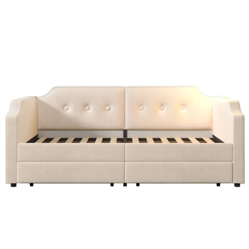 Sofá cama de terciopelo 90x200 cm - con función de carga y LED - con somier - Beige