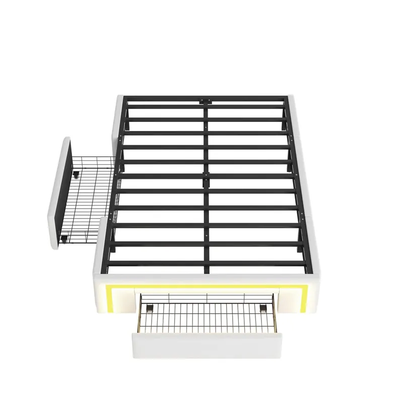 Cama 90x200 - con cajones, sin cabecera, LED, plataforma metálica, PU - Blanco