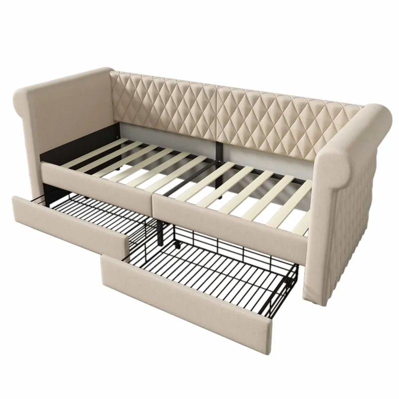 Sofá cama con 2 cajones de tela de lino - 90x200 cm - con somier - Beige