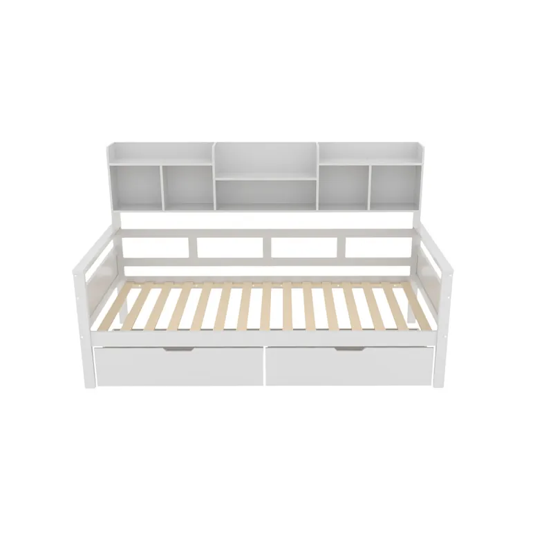 Sofá cama 90x200 - Con cajones y estantes, somier, cama infantil, cama juvenil, cama individual, cama de madera maciza - Blanco