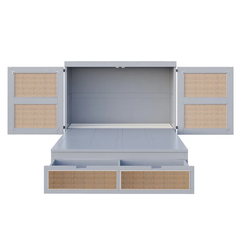 Cama abatible 140x200 cm - Con somier, vertical, con cajones de almacenamiento, diseño rattan - Gris