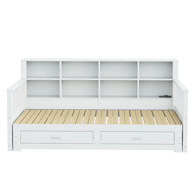 Sofá cama extensible 90/180x190 cm - con almacenamiento y enchufe en el brazo, 2 cajones y somier - Blanco