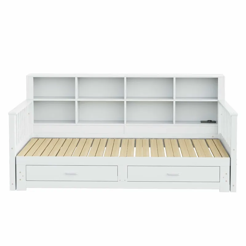 Sofá cama extensible 90/180x190 cm - con almacenamiento y enchufe en el brazo, 2 cajones y somier - Blanco