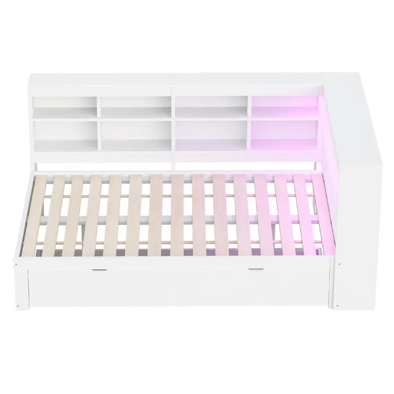 Sofá cama 140*200cm - con cajones grandes, USB, LED, estantes y compartimentos, mucho almacenamiento - Blanco