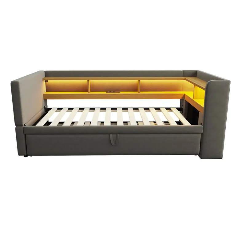 Sofá cama extensible 90/180*190 cm - Multifuncional, con LED, enchufes y compartimentos de almacenamiento - Beige