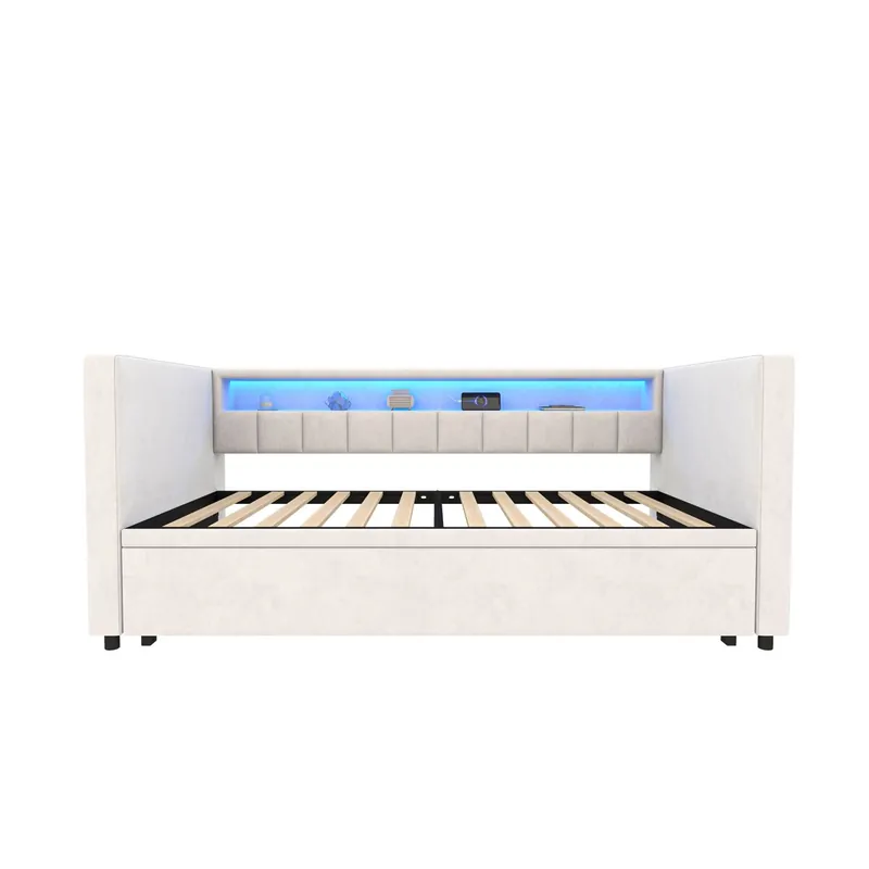 Sofá cama multifuncional 90x190 cm - Cama extensible, USB-Type-C, LED ambiente, terciopelo, con almacenamiento - Beige