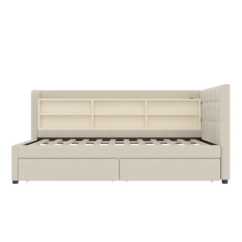 Sofá cama 90x200 cm - con 2 cajones, USB + Tipo C, compartimentos, con somier - Beige