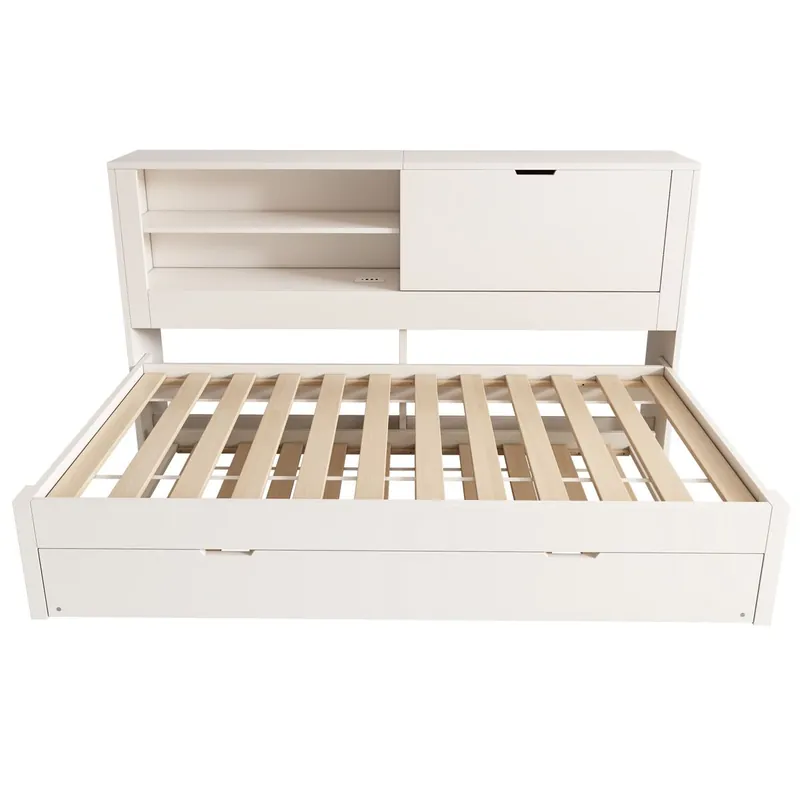 Sofá cama individual 90x200 - con cama extra, almacenamiento, USB/USB-C, blanco