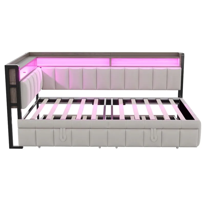 Sofá cama 90x200 cm - Cama extraíble, iluminación LED, puertos USB y Tipo-C, beige