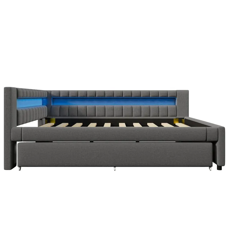 Sofá cama 140x200 cm - Cama con LED, cama nido, USB + TYPE-C, lino - Beige