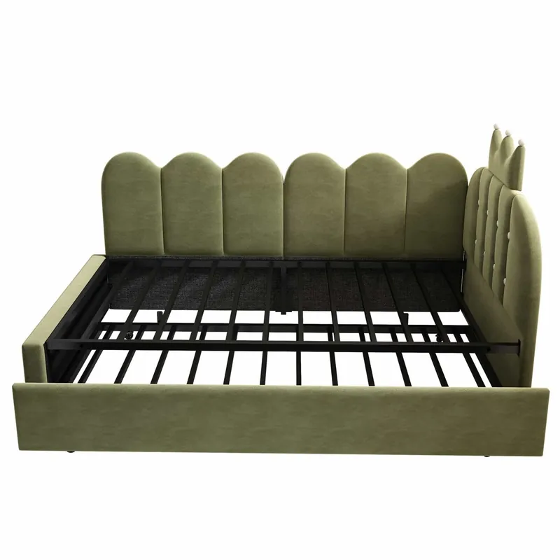 Sofá cama con cama nido extraíble 90x200 cm / 90x190 cm - forma L, terciopelo, diseño de corona y rejilla, ahorro de espacio para dormitorio infantil y de invitados - Beige