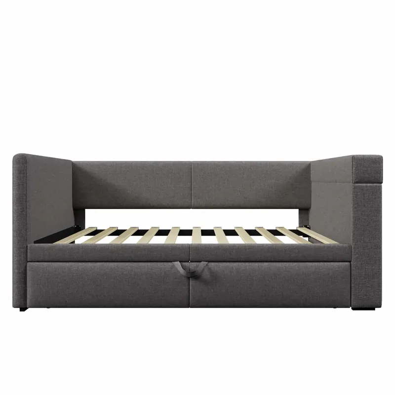 Sofá cama 90x200 cm - Cama individual con función de cama extraíble, reposabrazos con puertos USB y Type-C, portavasos, mezcla de lino, Beige