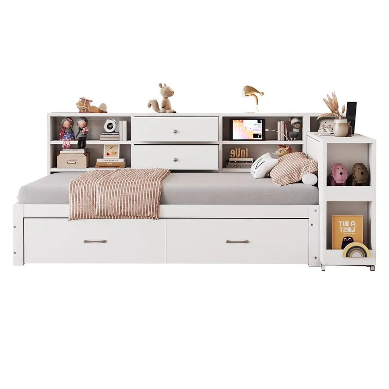 Sofá cama de madera 90x200 cm - almacenamiento multifuncional, estantes, 2 cajones, mesa extensible - blanco