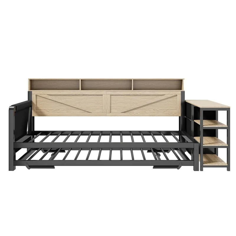 Sofá cama metálico 90x200 cm - Cama extensible ajustable, armario, 3 cajones, estantes, LED y USB - Negro