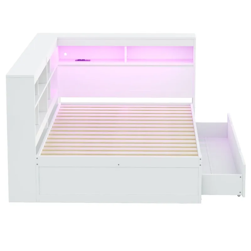 Sofá cama 140*200cm - con cajones grandes, USB, LED, estantes y compartimentos, mucho almacenamiento - Blanco