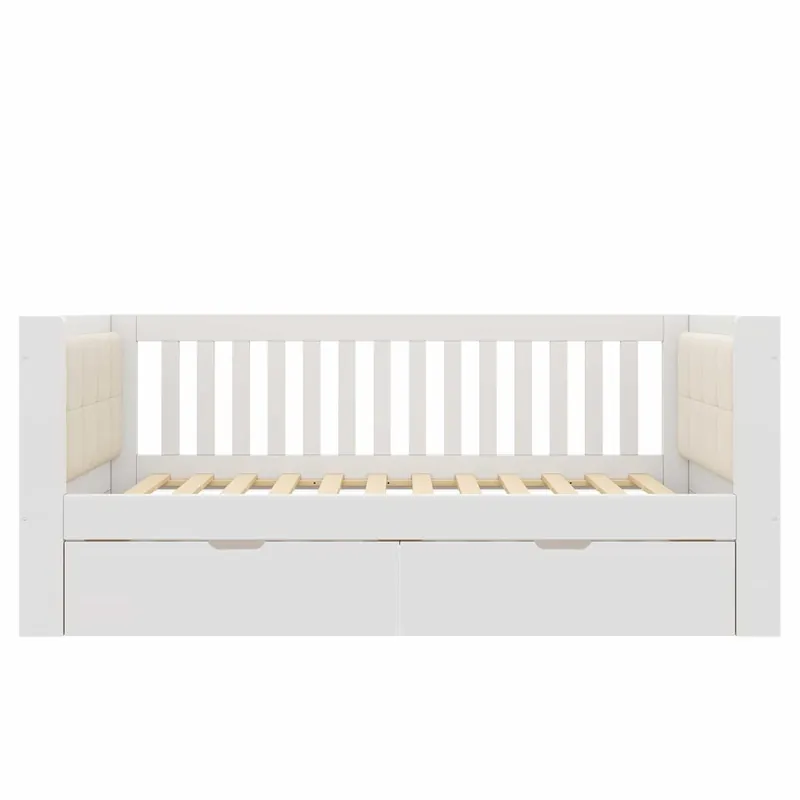 Sofá cama 90x200 cm - 2 cajones, madera, brazos redondeados, respaldo cómodo, ideal para apartamentos pequeños, montaje fácil, sin colchón - Blanco