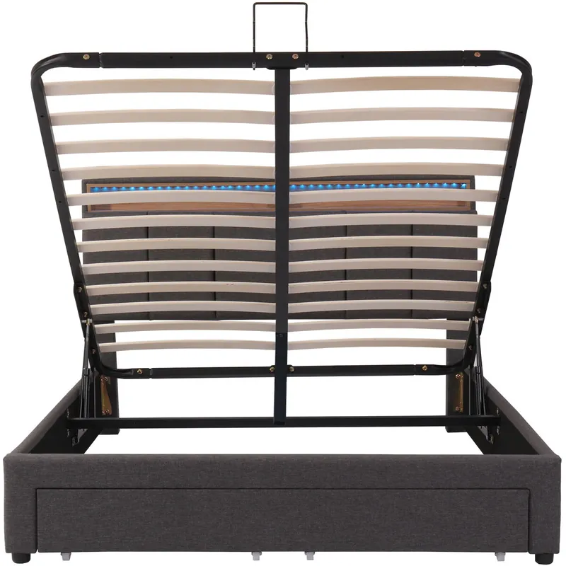 Cama contenedor tapizada 140x200 cm en lino con cajones - contenedor con LED - somier de láminas - Gris