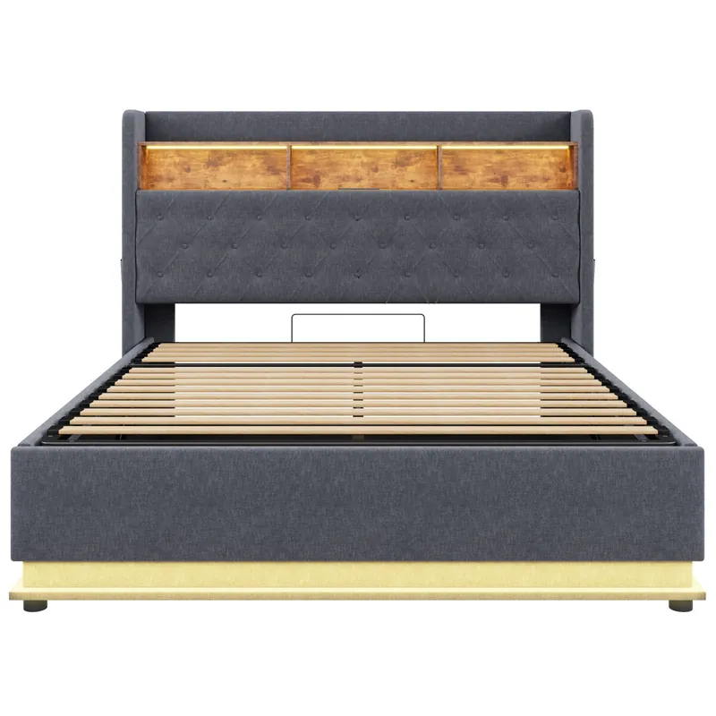 Cama con canapé de lino de 160 x 200 cm - con LED y puertos USB - Gris