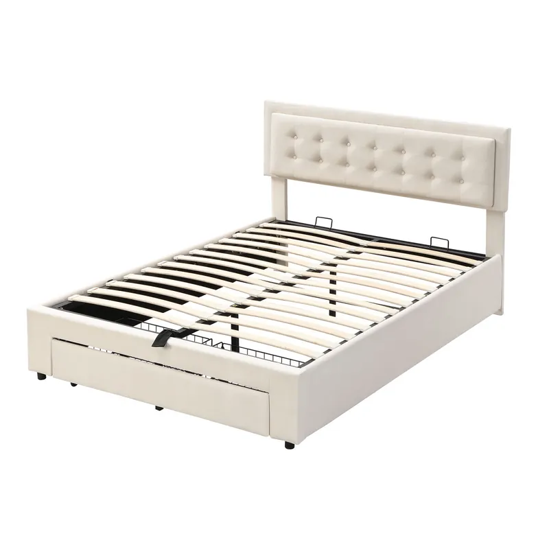 Cama contenedor acolchada 140x200cm en terciopelo - con cajón y somier - Beige (sin colchón)