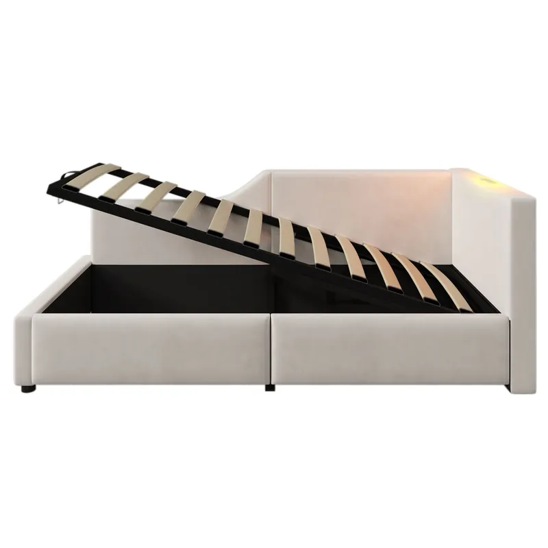 Cama contenedor 90x190cm - Sofá cama de terciopelo - con luz de lectura y puertos de carga - con somier - Beige