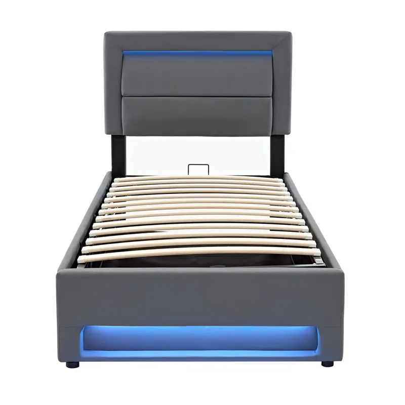 Cama contenedor de piel sintética de 90x200 cm con LED - con puertos de carga (por cable e inalámbrico) - Gris