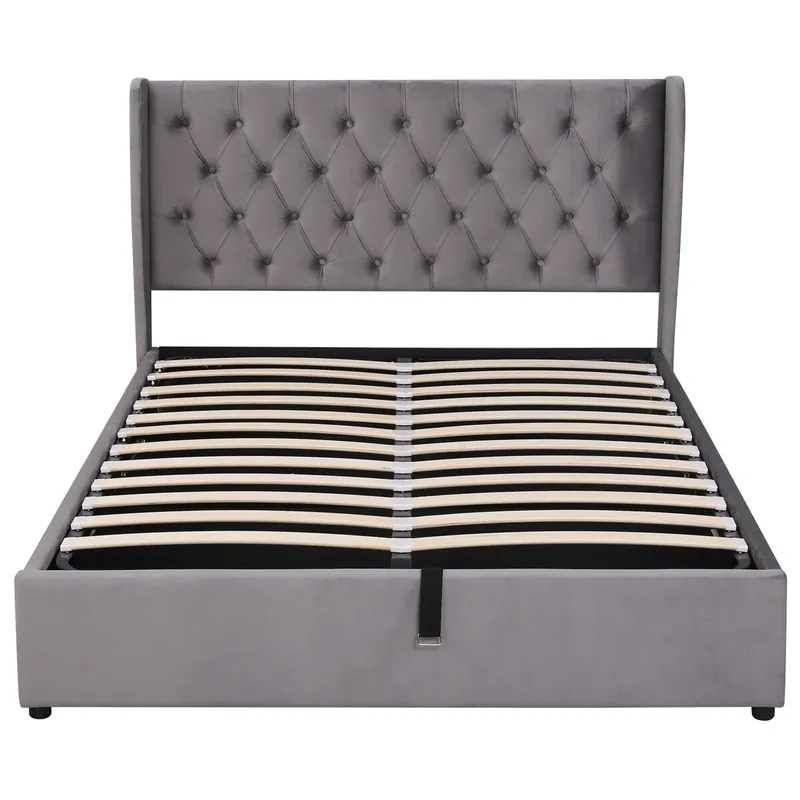Cama contenedor acolchada de terciopelo 140x190 cm con somier de láminas - Gris