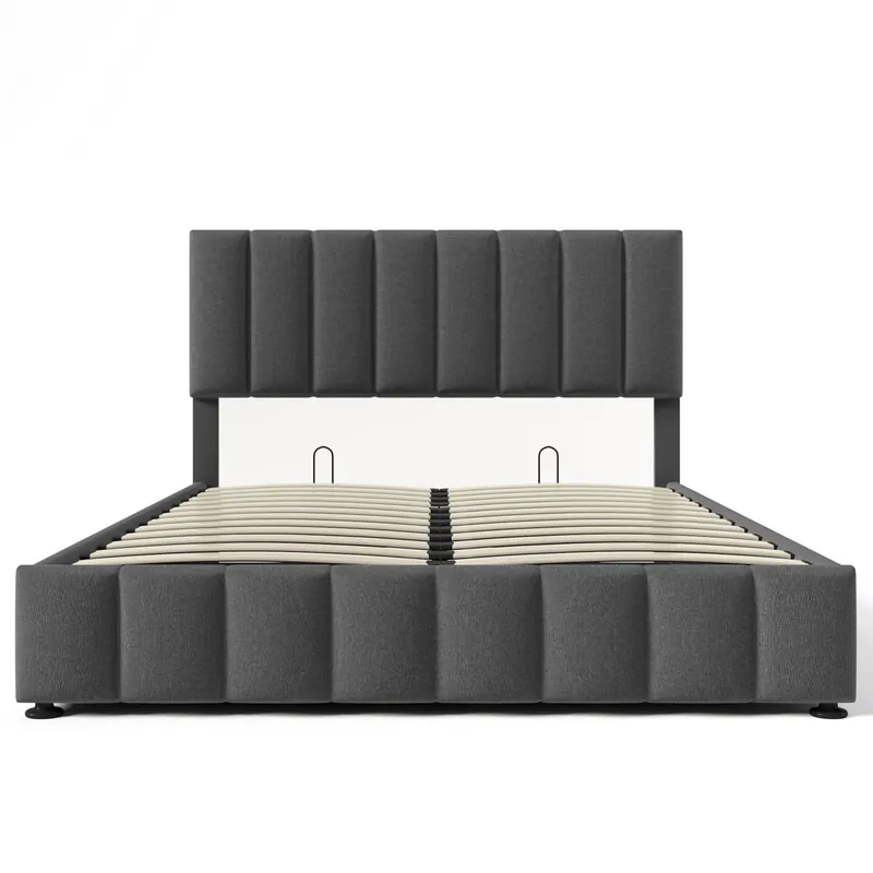 Cama tapizada hidráulica 140x200 cm - Cabecera ajustable, Estructura metálica, Con almacenamiento - Gris