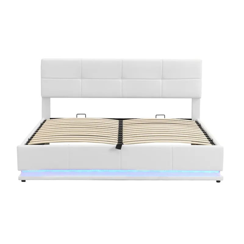 Cama tapizada 180x200 cm - Con LED, almacenamiento hidráulico, base de madera, cuero sintético - Blanco