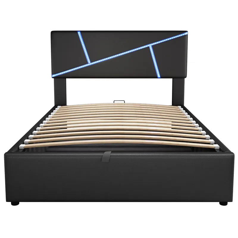 Cama doble 90x200 cm - Polipiel, cabecero, LED, almacenamiento hidráulico - Negro