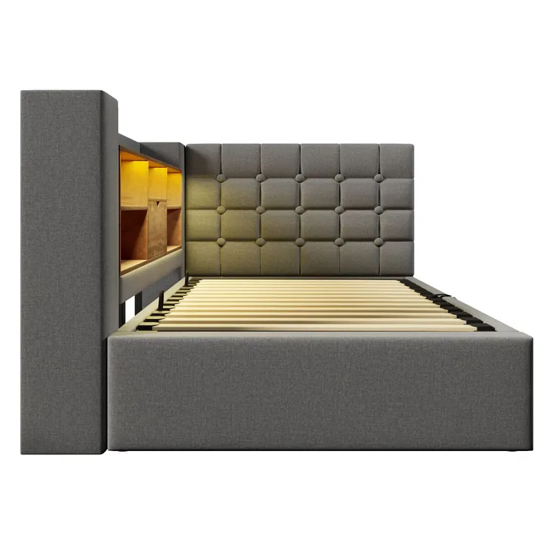 Cama individual 90x200 – LED, almacenaje hidráulico, cabecero en L con estantes – Gris - Descanso