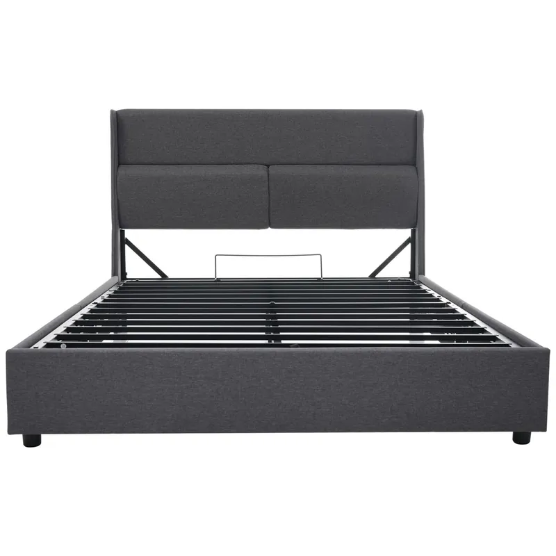 Cama tapizada 180x200 cm - Respaldo ajustable, almacenamiento hidráulico, lino, con somier - Gris