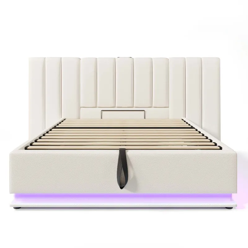 Cama tapizada 180x200 cm - Doble con almacenamiento, control APP, LED, USB-C, somier incluido - PU blanco
