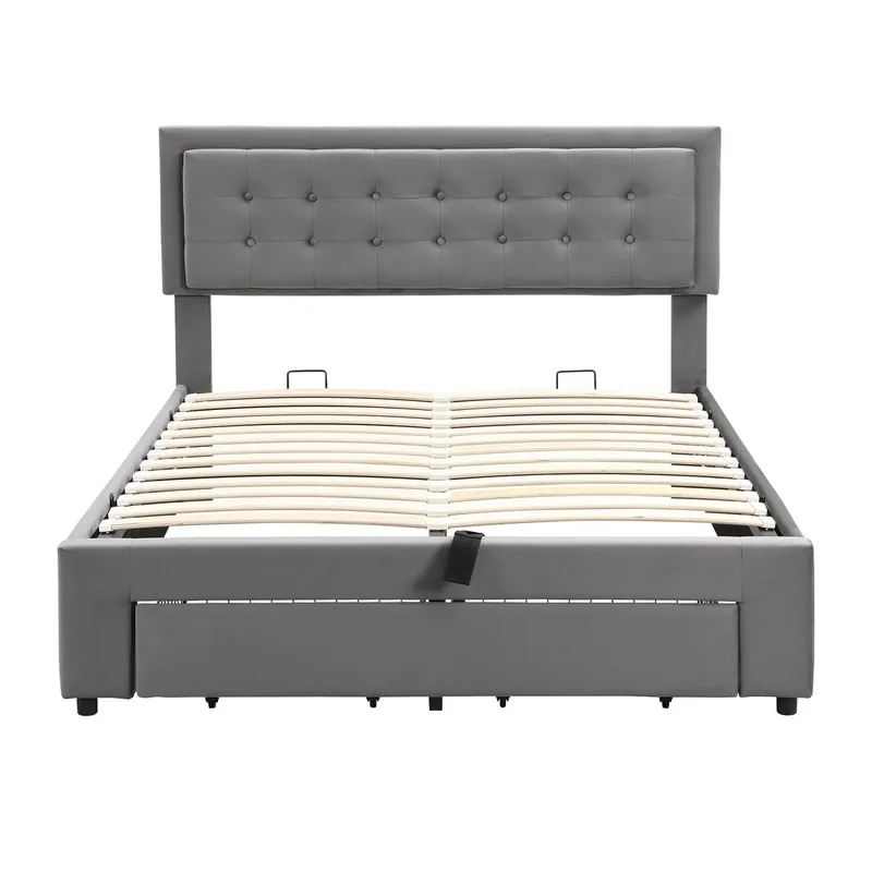 Cama contenedor acolchada 140x190cm en terciopelo - con cajón y somier - Gris (sin colchón)